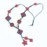 Sautoir fleuri, bleu-jean et rouge, pâte polymère