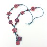 Sautoir fleuri, bleu-jean et rouge, pâte polymère