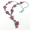 Sautoir fleuri, bleu-jean et rouge, pâte polymère