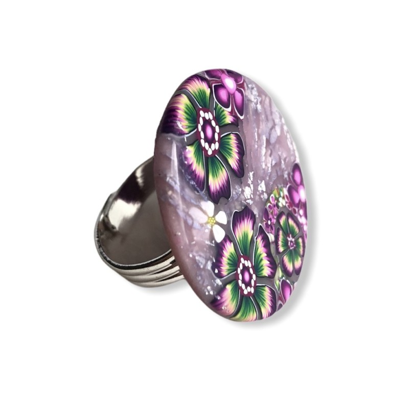 Bague big size fleurs vertes et violettes, en pâte polymère
