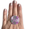 Bague big size fleurs vertes et violettes, en pâte polymère
