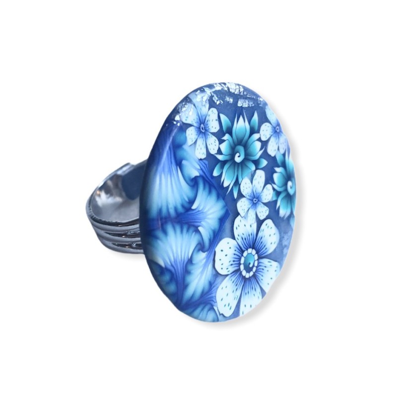 Big bague joli bouquet aux fleurs bleues, en pâte polymère