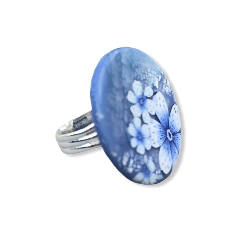 Big bague joli bouquet aux fleurs bleues, en pâte polymère