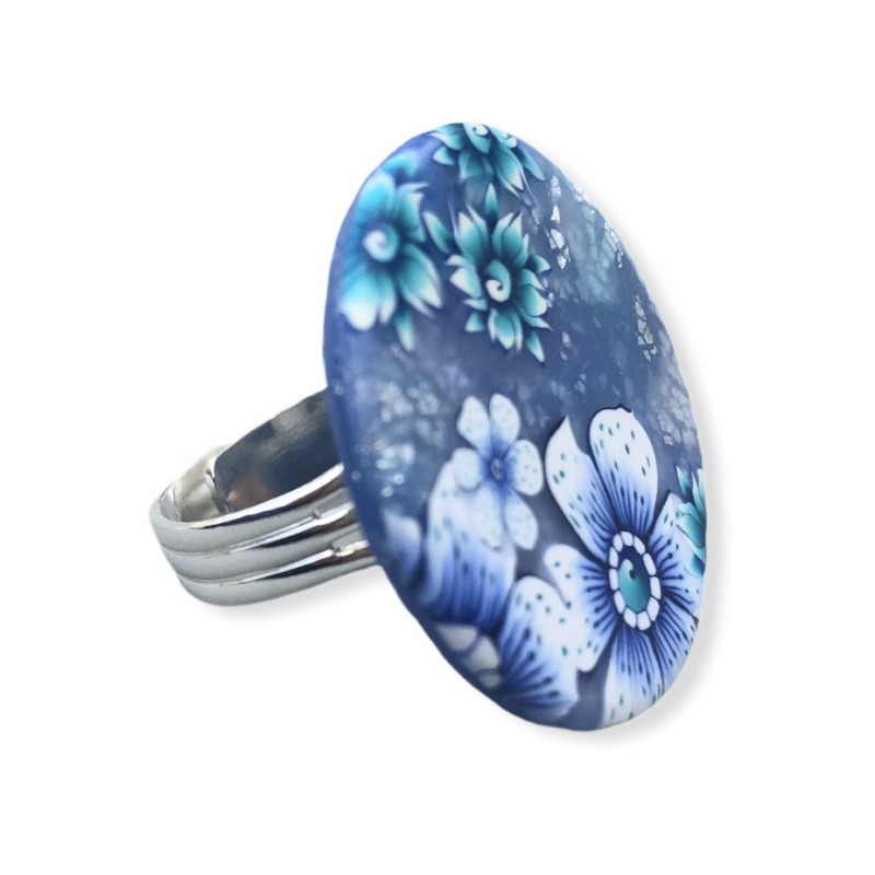 Big bague joli bouquet aux fleurs bleues, en pâte polymère