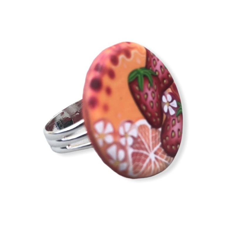 Bague exotique, fruits et hibiscus, en pâte polymère