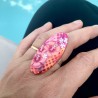 Big bague ovale exotique, fruits et hibiscus, en pâte polymère