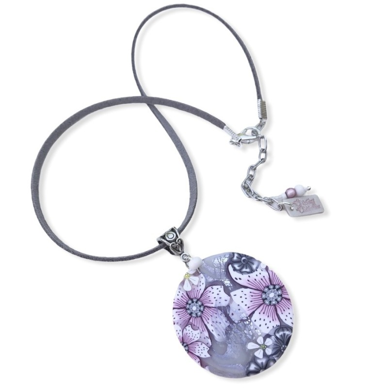 Pendentif rond (4cm) cerisiers en fleurs, en pâte polymère