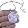 Pendentif rond (4cm) cerisiers en fleurs, en pâte polymère