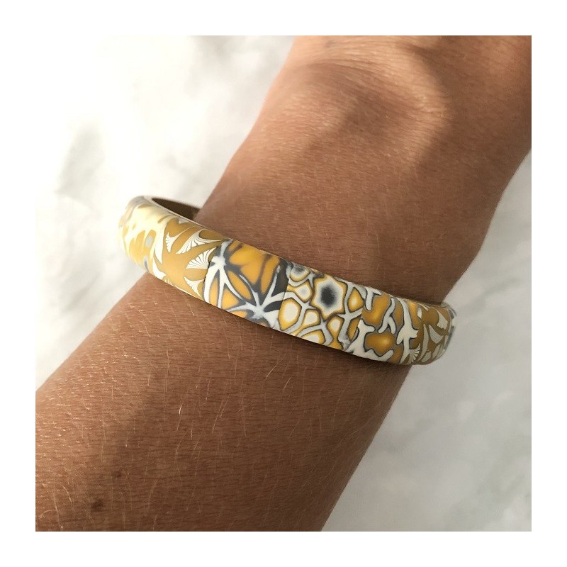 Bracelet fleurs, jaune moutarde, en pâte polymère