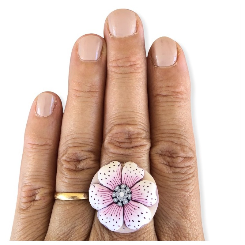 Bague fleur rose, esprit sakura, en pâte polymère