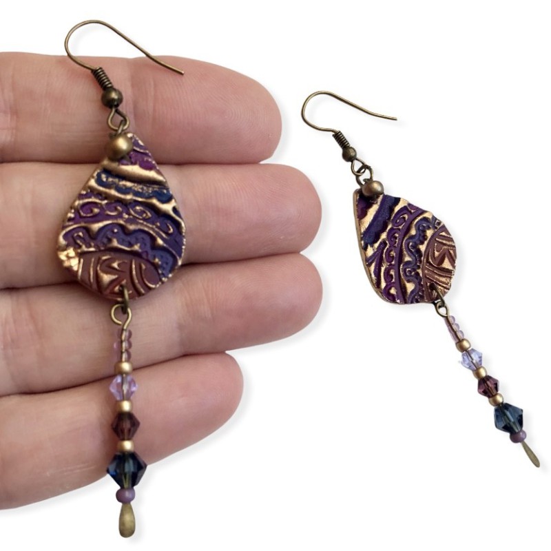 Boucles d'oreilles bohème cachemire mini goutte, en pâte polymère