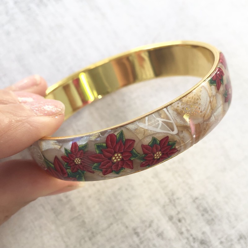 Bracelet poinsettias noel, fond nacre et or, en pâte polymère