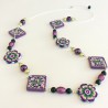 Sautoir fleuri, violet et vert, pâte polymère