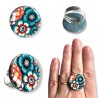 Bague joli bouquet aux fleurs bleu et orange, en pâte polymère