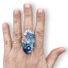 Bague grand ovale joli bouquet aux fleurs bleues, en pâte polymère