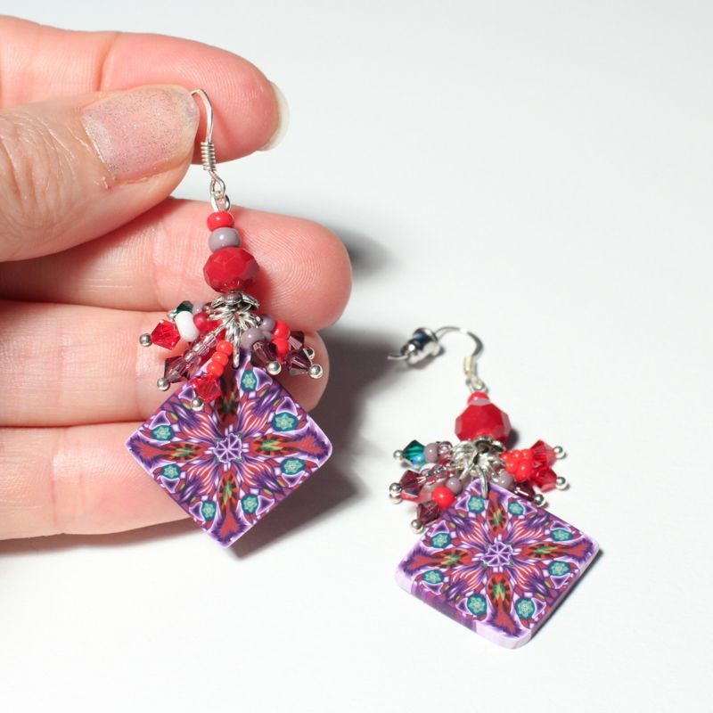 Boucles d'oreilles pendantes, kaleidoscope, en pâte polymère