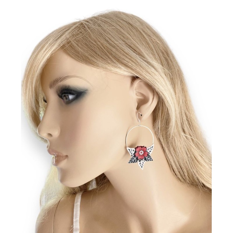 Boucles d'oreilles, fleur rouge, en pâte polymère