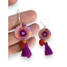 Boucles d'oreilles pendantes, violet rose orange, en pâte polymère