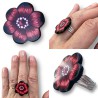 Bague "Éclosion Rouge & Noire" – Bijou Fleur en Pâte Polymère, Pièce Unique