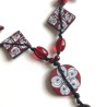 Sautoir fleuri, noir&blanc et rouge, pâte polymère