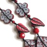 Sautoir fleuri, noir&blanc et rouge, pâte polymère