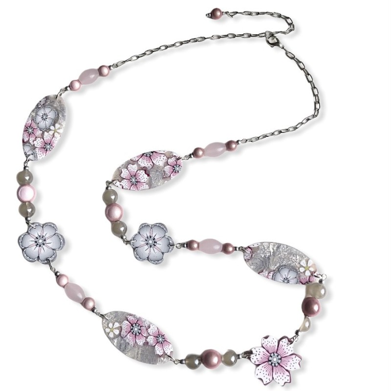 Sautoir fleuri, fleurs de cerisier roses, pâte polymère